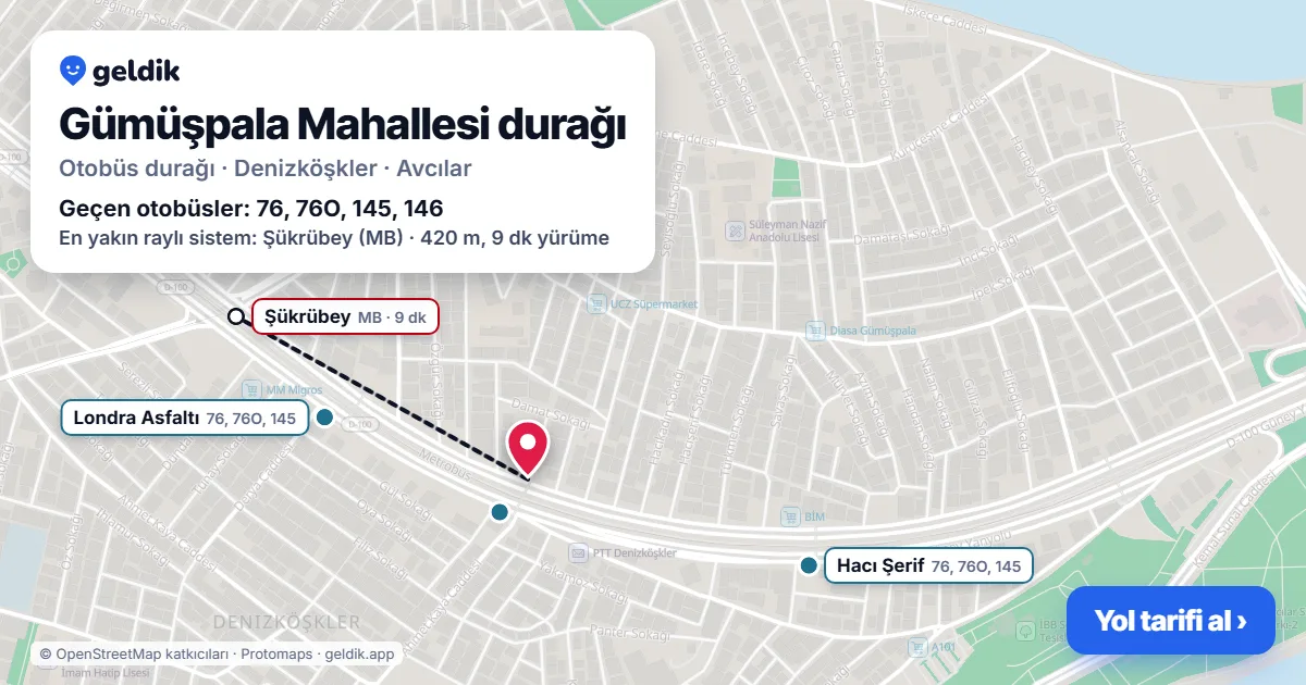 Gümüşpala Mahallesi otobüs durağı haritada: konumu ve yakındaki duraklar