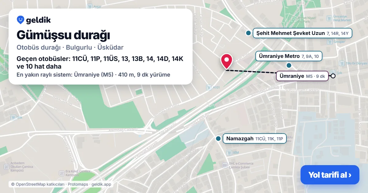 Gümüşsu otobüs durağı haritada: konumu ve yakındaki duraklar