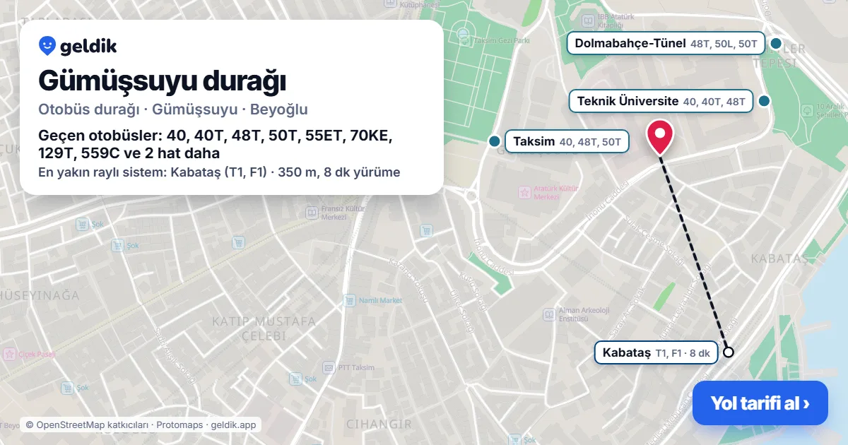 Gümüşsuyu otobüs durağı haritada: konumu ve yakındaki duraklar