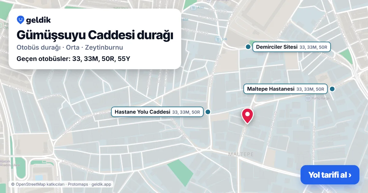 Gümüşsuyu Caddesi otobüs durağı haritada: konumu ve yakındaki duraklar