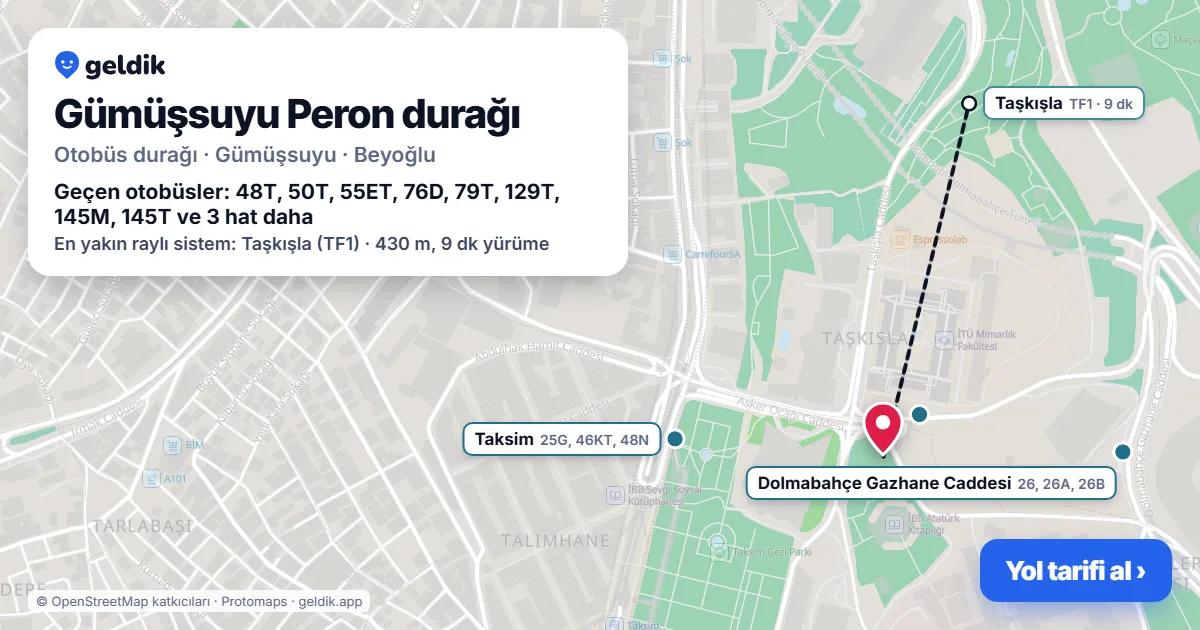 Gümüşsuyu Peron otobüs durağı haritada: konumu ve yakındaki duraklar