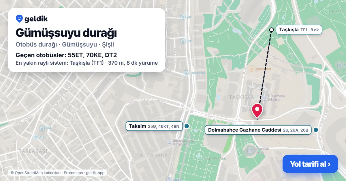 Gümüşsuyu otobüs durağı haritada: konumu ve yakındaki duraklar