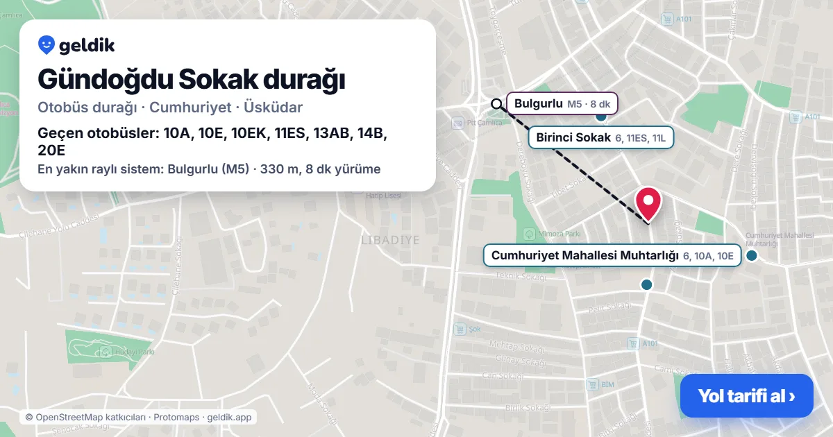 Gündoğdu Sokak otobüs durağı haritada: konumu ve yakındaki duraklar