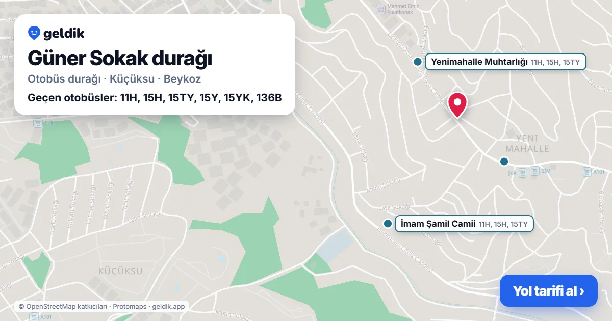 Güner Sokak otobüs durağı haritada: konumu ve yakındaki duraklar