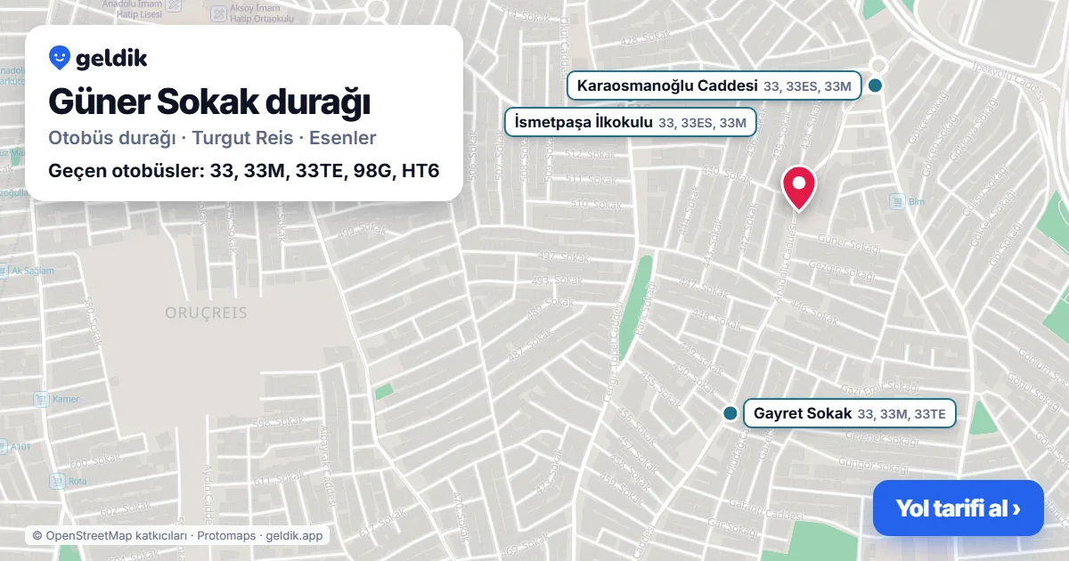 Güner Sokak otobüs durağı haritada: konumu ve yakındaki duraklar