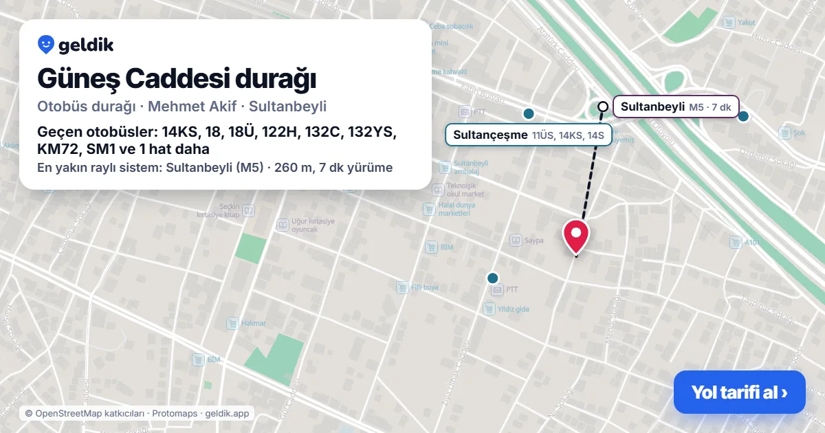 Güneş Caddesi otobüs durağı haritada: konumu ve yakındaki duraklar