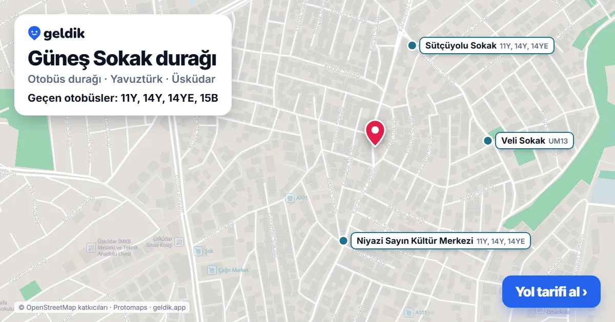 Güneş Sokak otobüs durağı haritada: konumu ve yakındaki duraklar