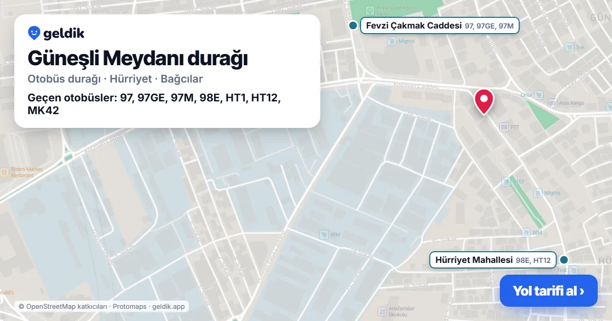 Güneşli Meydanı otobüs durağı haritada: konumu ve yakındaki duraklar