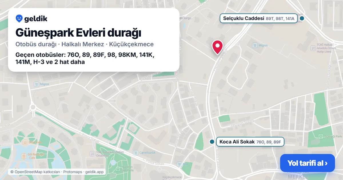 Güneşpark Evleri otobüs durağı haritada: konumu ve yakındaki duraklar