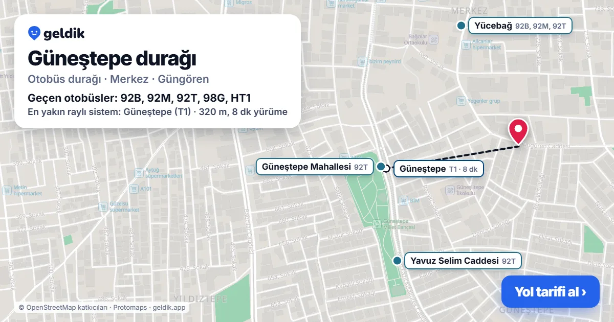 Güneştepe otobüs durağı haritada: konumu ve yakındaki duraklar