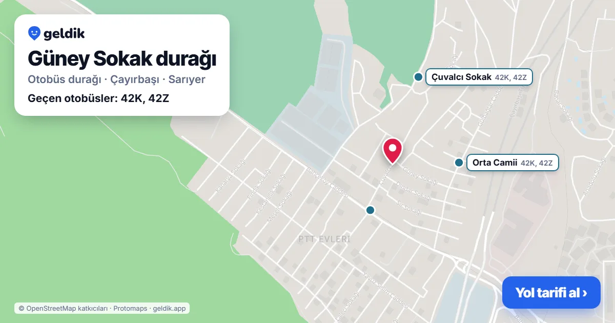 Güney Sokak otobüs durağı haritada: konumu ve yakındaki duraklar