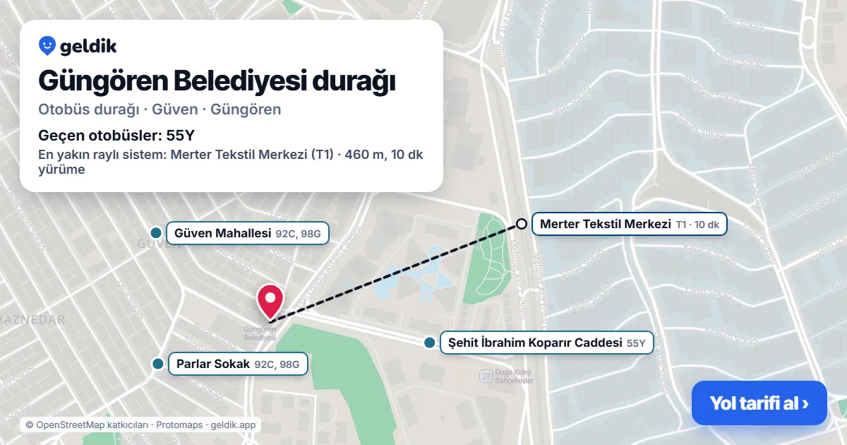 Güngören Belediyesi otobüs durağı haritada: konumu ve yakındaki duraklar