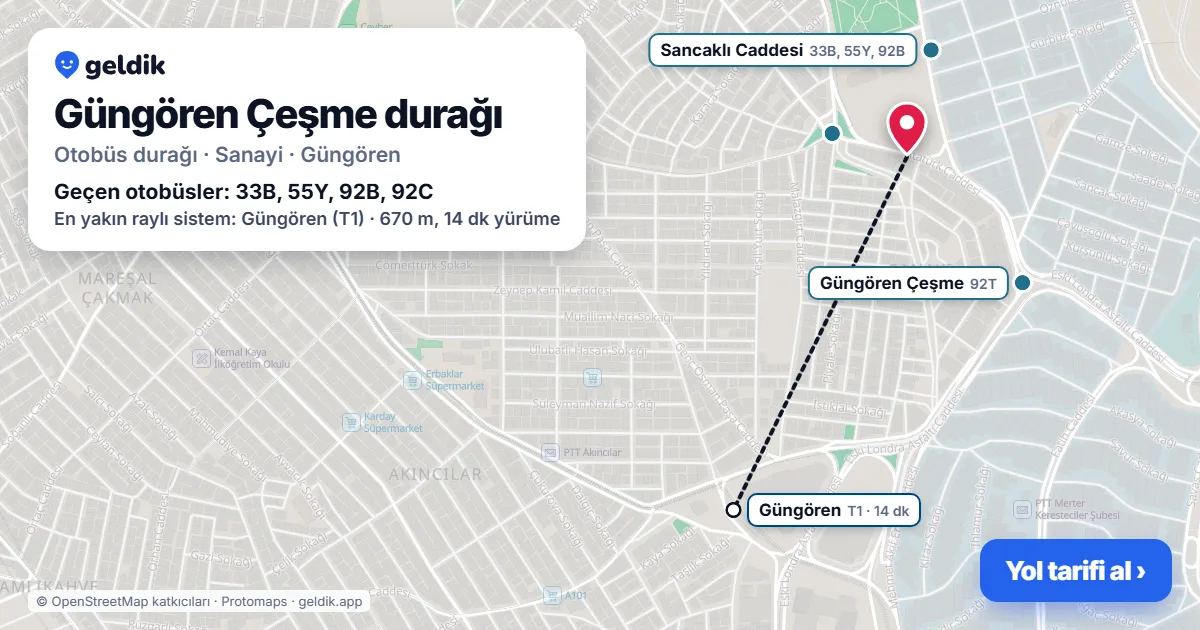 Güngören Çeşme otobüs durağı haritada: konumu ve yakındaki duraklar