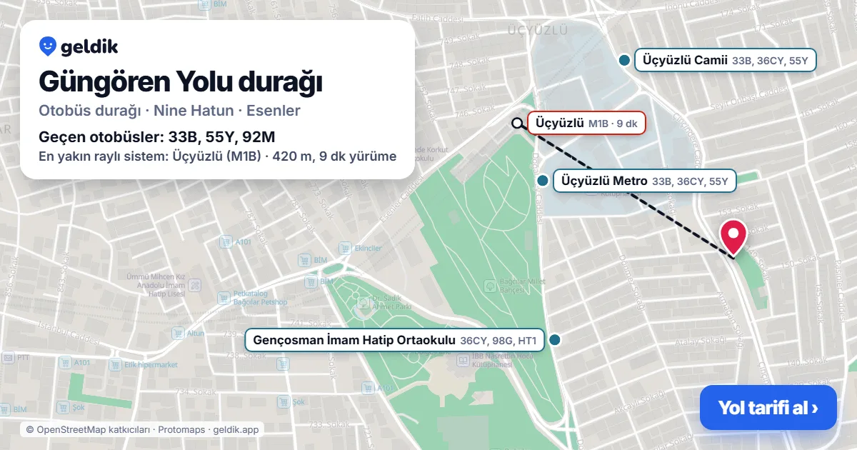 Güngören Yolu otobüs durağı haritada: konumu ve yakındaki duraklar