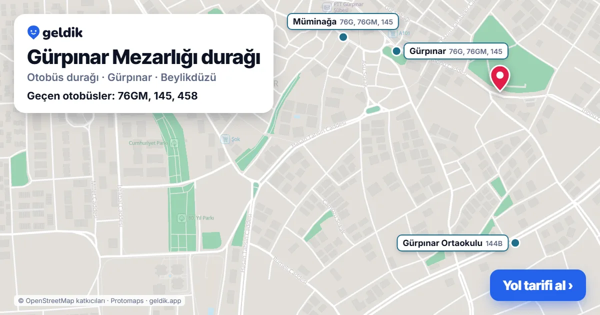 Gürpınar Mezarlığı otobüs durağı haritada: konumu ve yakındaki duraklar