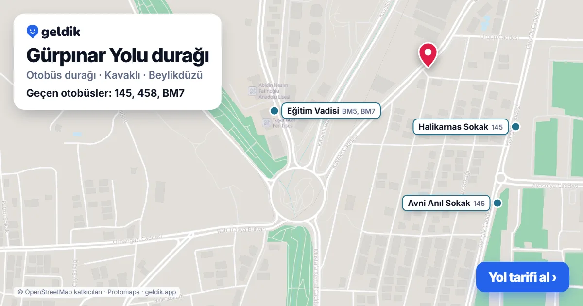 Gürpınar Yolu otobüs durağı haritada: konumu ve yakındaki duraklar