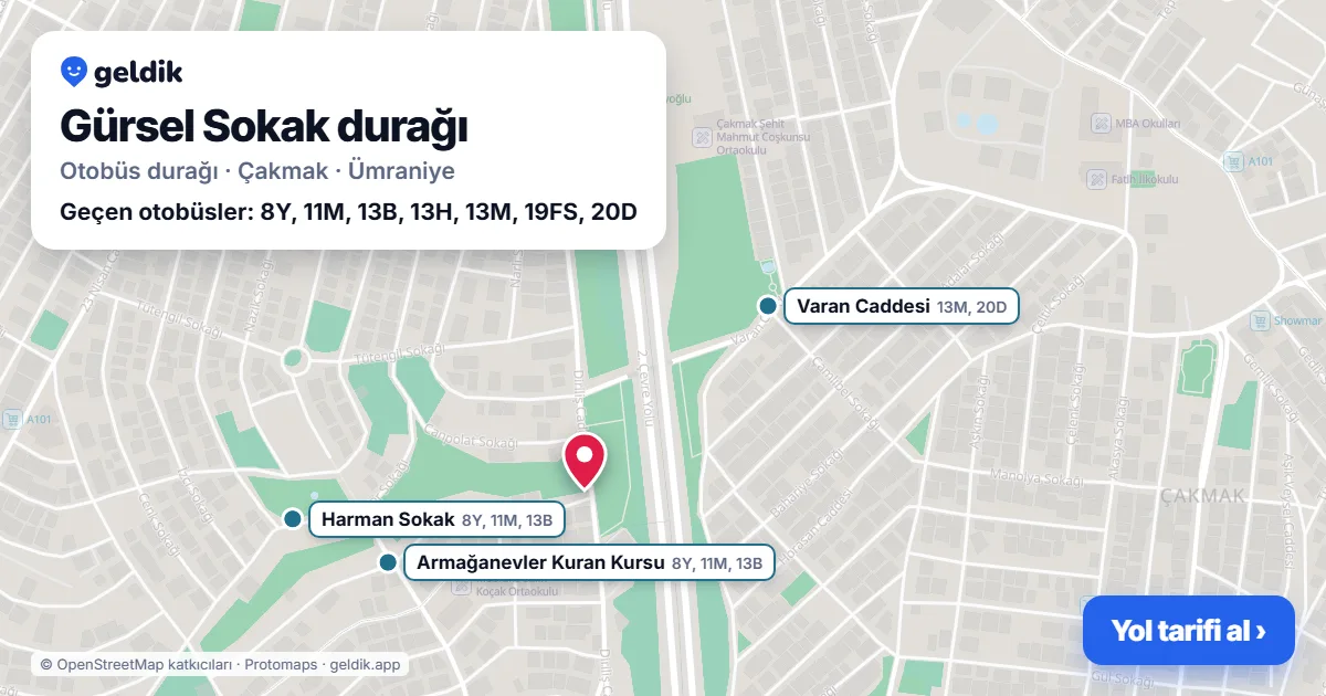 Gürsel Sokak otobüs durağı haritada: konumu ve yakındaki duraklar