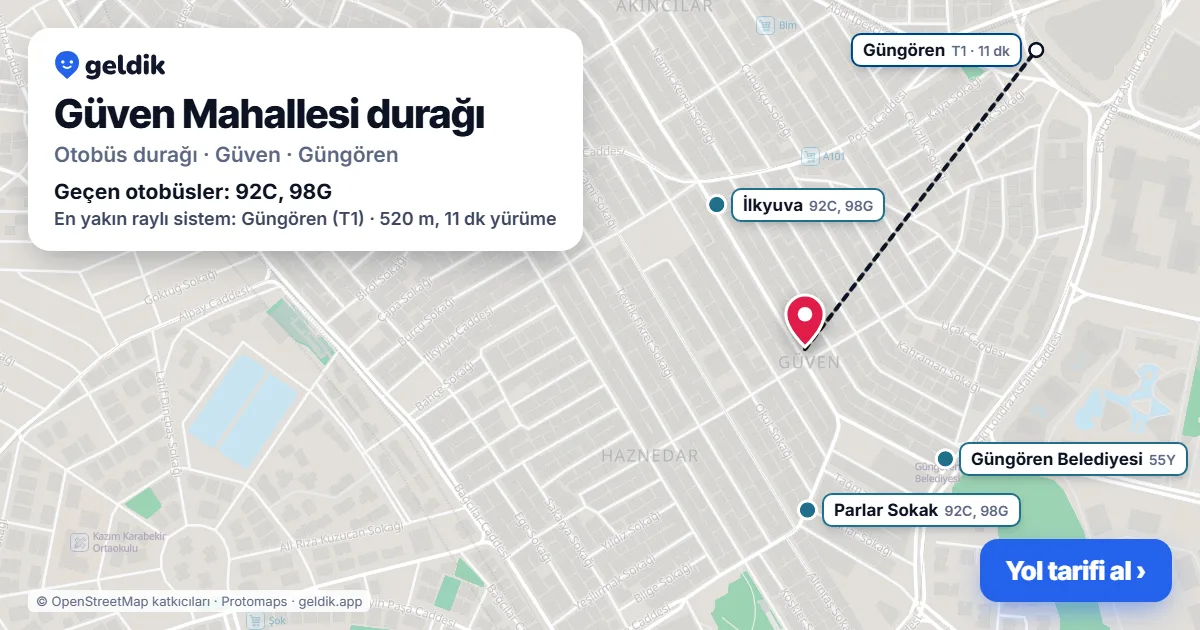 Güven Mahallesi otobüs durağı haritada: konumu ve yakındaki duraklar