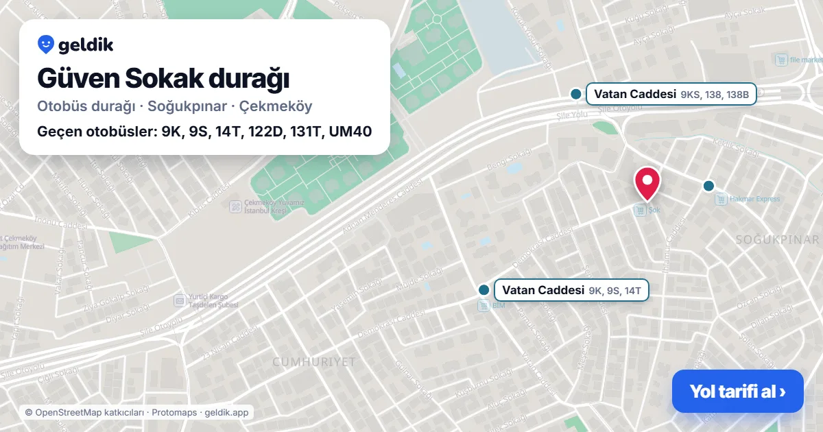 Güven Sokak otobüs durağı haritada: konumu ve yakındaki duraklar