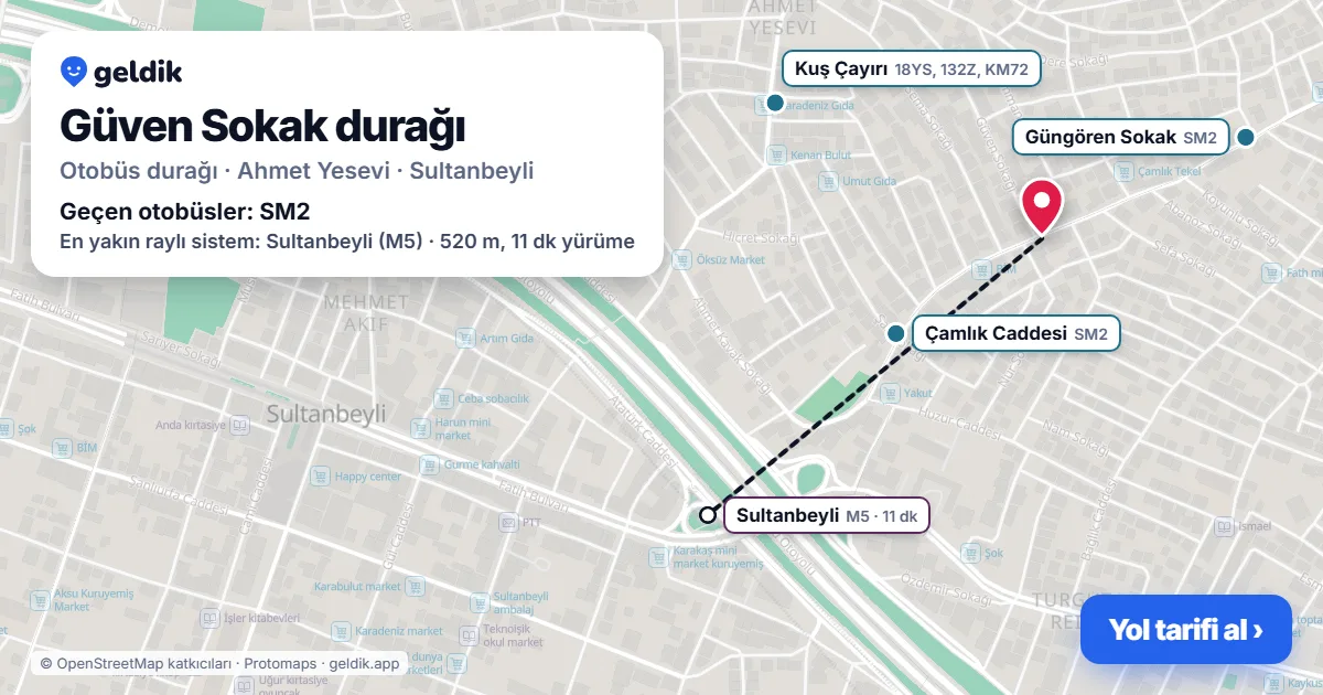 Güven Sokak otobüs durağı haritada: konumu ve yakındaki duraklar