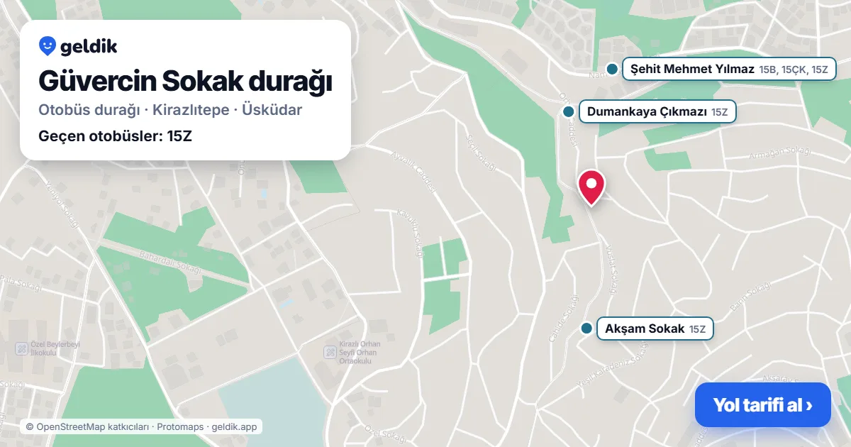 Güvercin Sokak otobüs durağı haritada: konumu ve yakındaki duraklar