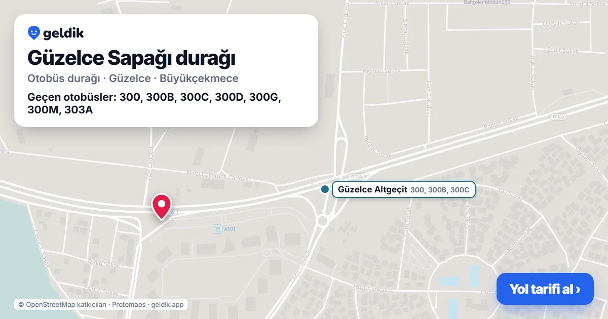 Güzelce Sapağı otobüs durağı haritada: konumu ve yakındaki duraklar