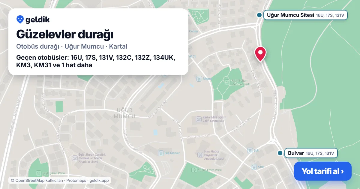 Güzelevler otobüs durağı haritada: konumu ve yakındaki duraklar
