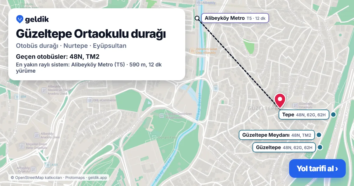 Güzeltepe Ortaokulu otobüs durağı haritada: konumu ve yakındaki duraklar