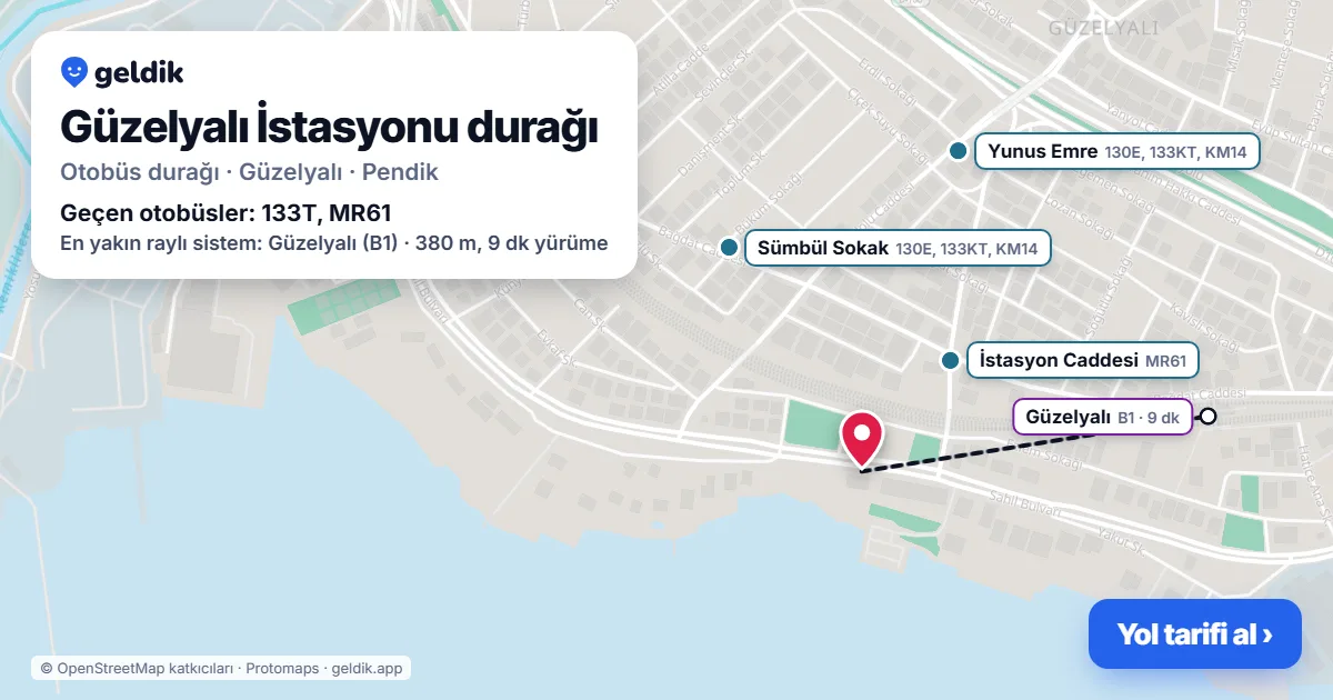 Güzelyalı İstasyonu otobüs durağı haritada: konumu ve yakındaki duraklar