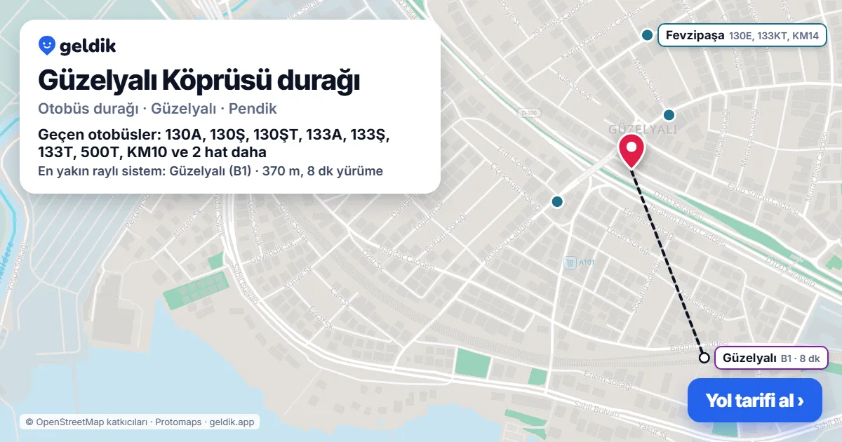 Güzelyalı Köprüsü otobüs durağı haritada: konumu ve yakındaki duraklar