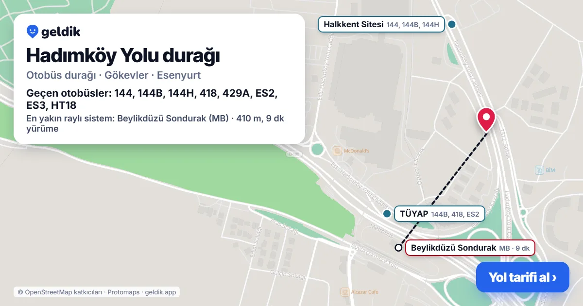 Hadımköy Yolu otobüs durağı haritada: konumu ve yakındaki duraklar