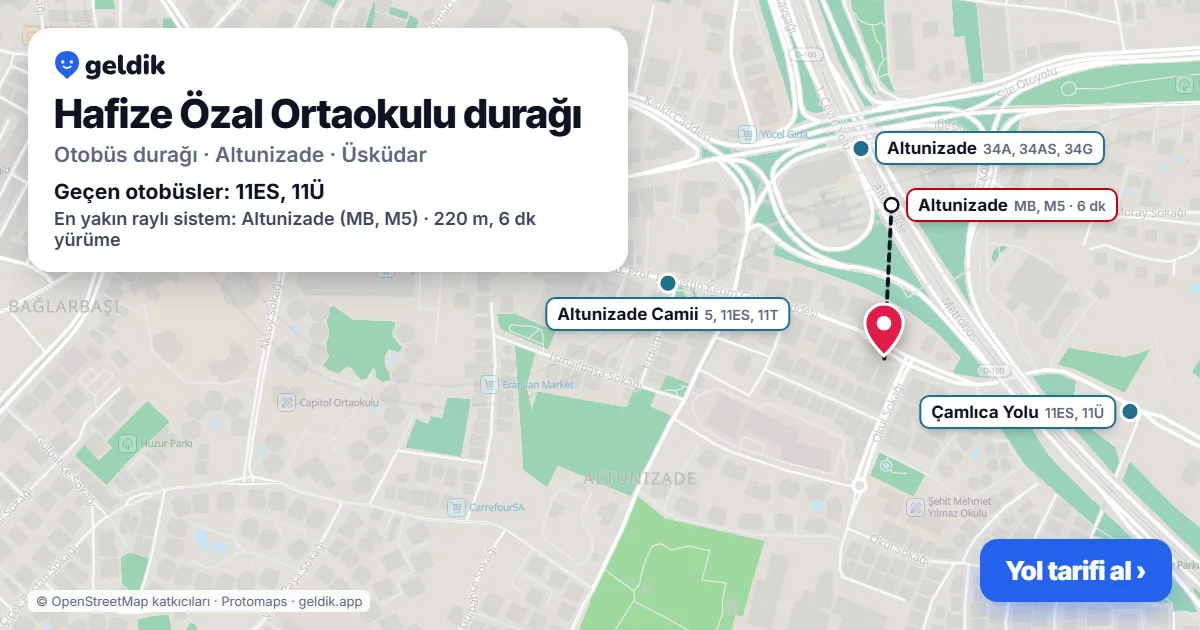 Hafize Özal Ortaokulu otobüs durağı haritada: konumu ve yakındaki duraklar