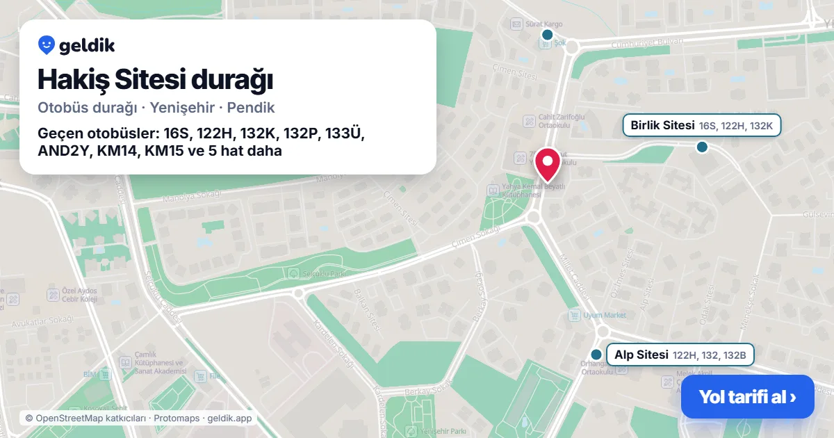 Hakiş Sitesi otobüs durağı haritada: konumu ve yakındaki duraklar