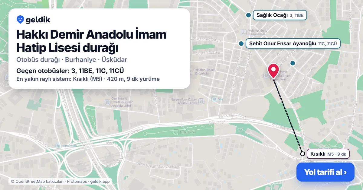Hakkı Demir Anadolu İmam Hatip Lisesi otobüs durağı haritada: konumu ve yakındaki duraklar