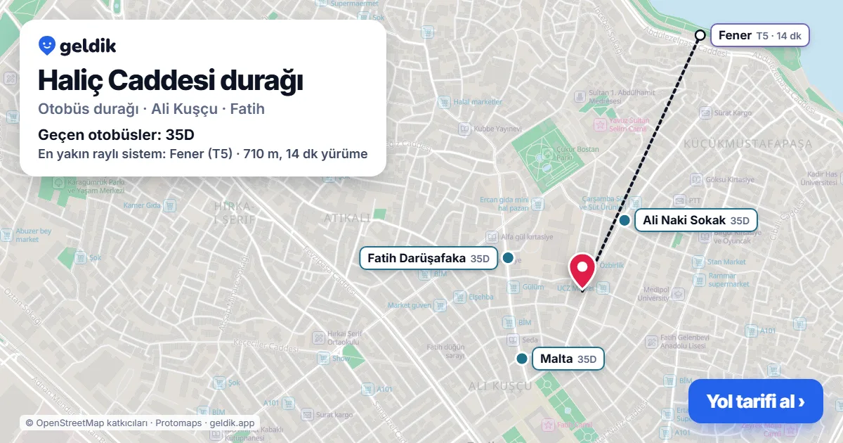 Haliç Caddesi otobüs durağı haritada: konumu ve yakındaki duraklar