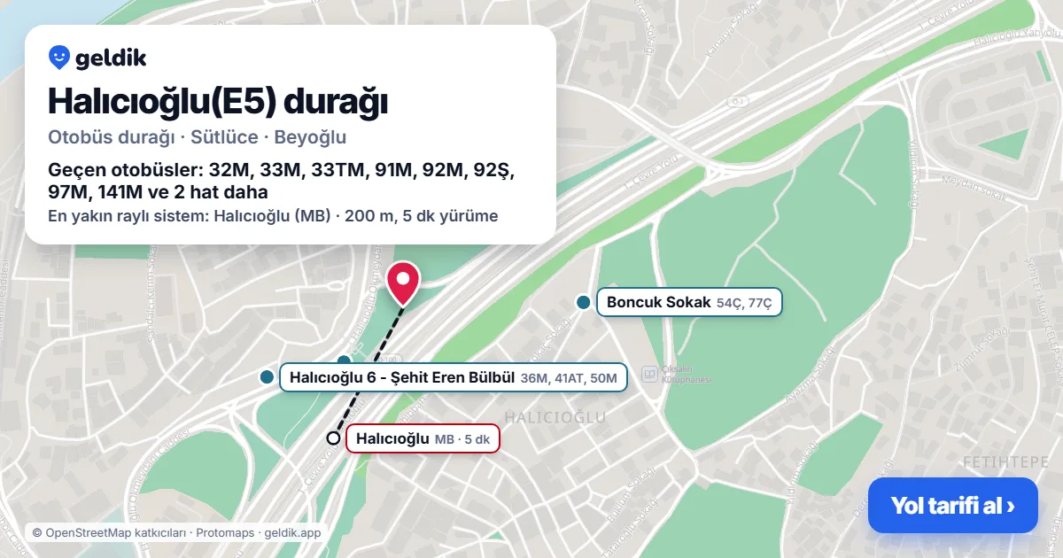 Halıcıoğlu(E5) otobüs durağı haritada: konumu ve yakındaki duraklar