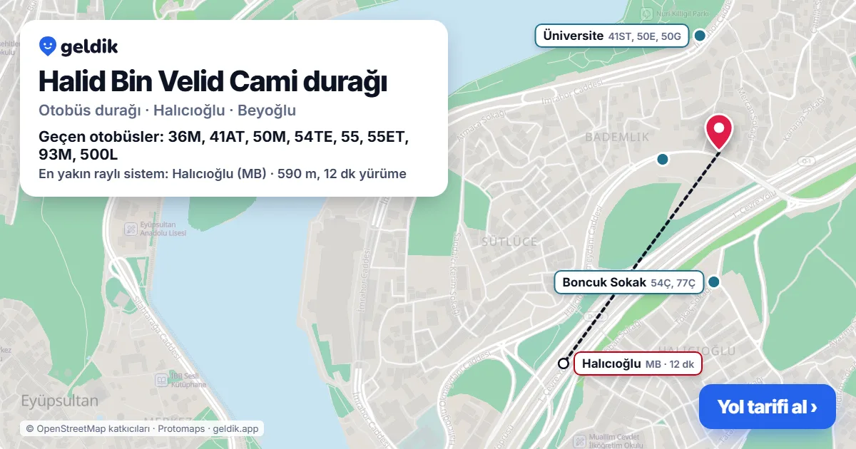 Halid Bin Velid Cami otobüs durağı haritada: konumu ve yakındaki duraklar