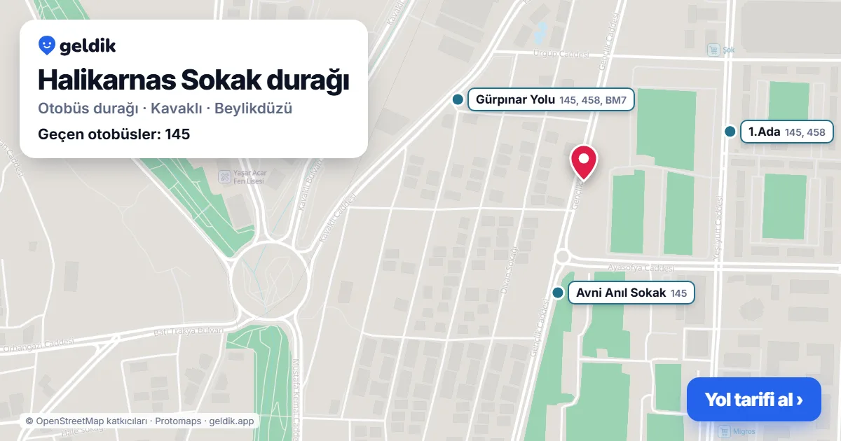 Halikarnas Sokak otobüs durağı haritada: konumu ve yakındaki duraklar