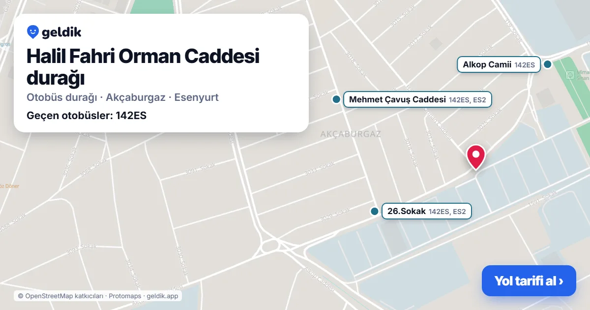 Halil Fahri Orman Caddesi otobüs durağı haritada: konumu ve yakındaki duraklar