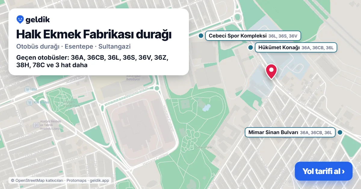 Halk Ekmek Fabrikası otobüs durağı haritada: konumu ve yakındaki duraklar