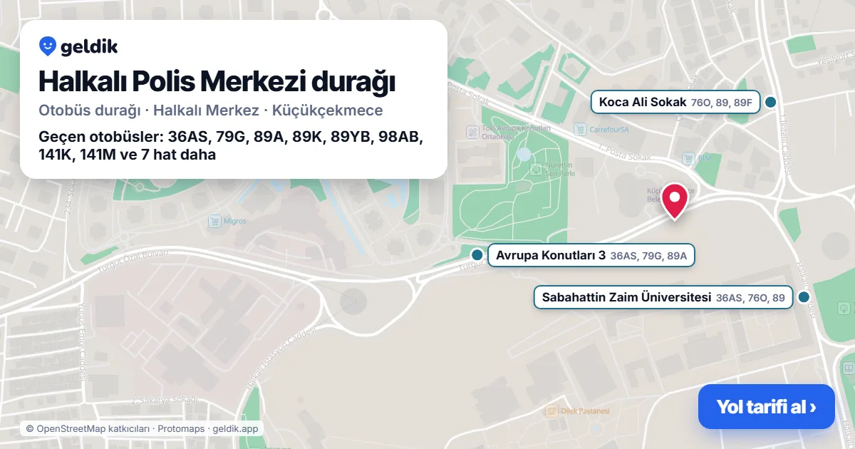 Halkalı Polis Merkezi otobüs durağı haritada: konumu ve yakındaki duraklar