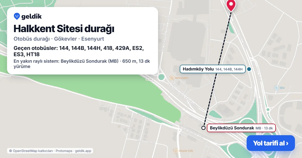 Halkkent Sitesi otobüs durağı haritada: konumu ve yakındaki duraklar