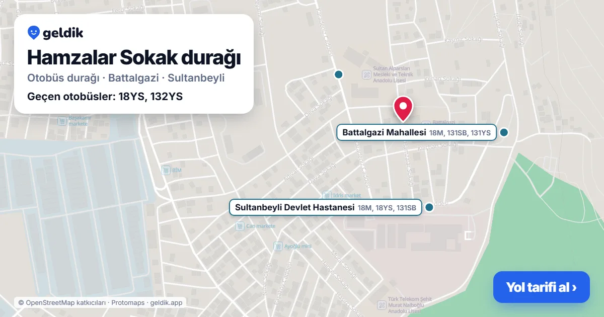 Hamzalar Sokak otobüs durağı haritada: konumu ve yakındaki duraklar