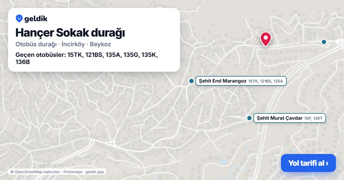 Hançer Sokak otobüs durağı haritada: konumu ve yakındaki duraklar