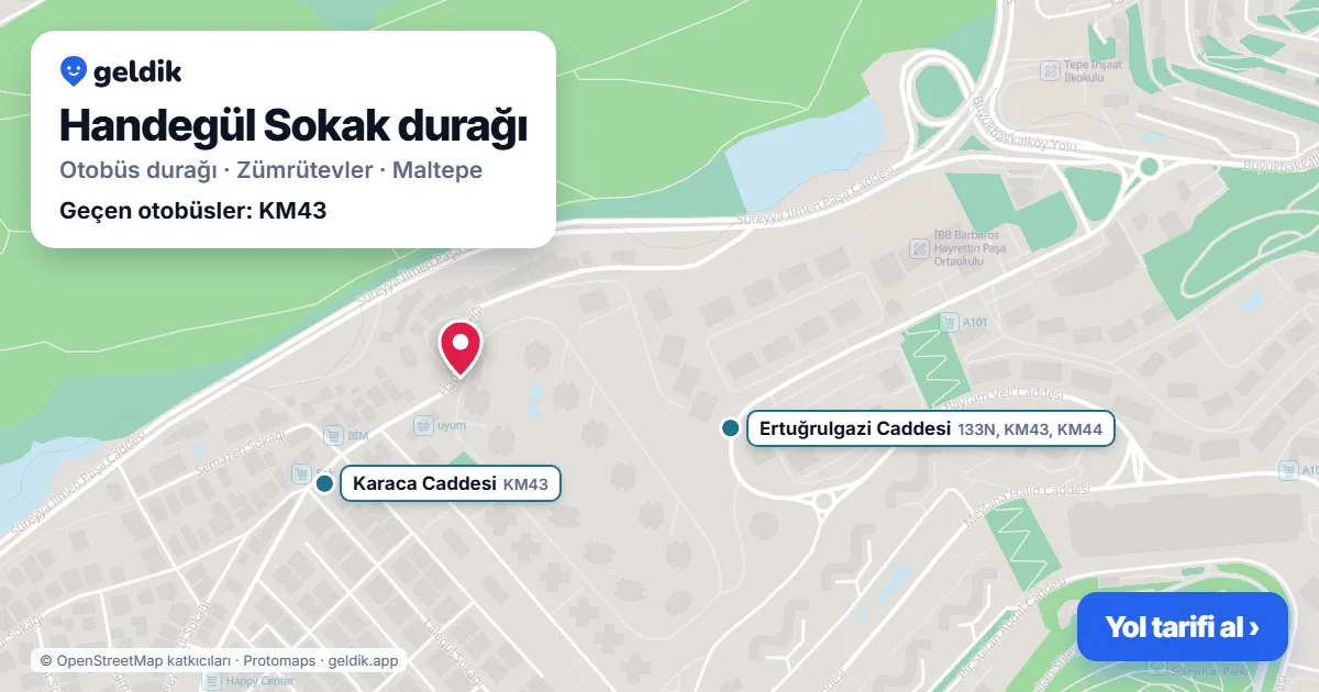 Handegül Sokak otobüs durağı haritada: konumu ve yakındaki duraklar