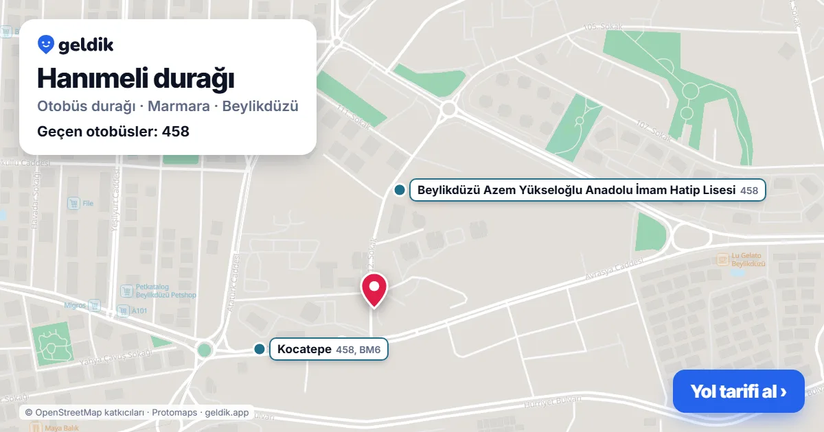 Hanımeli otobüs durağı haritada: konumu ve yakındaki duraklar