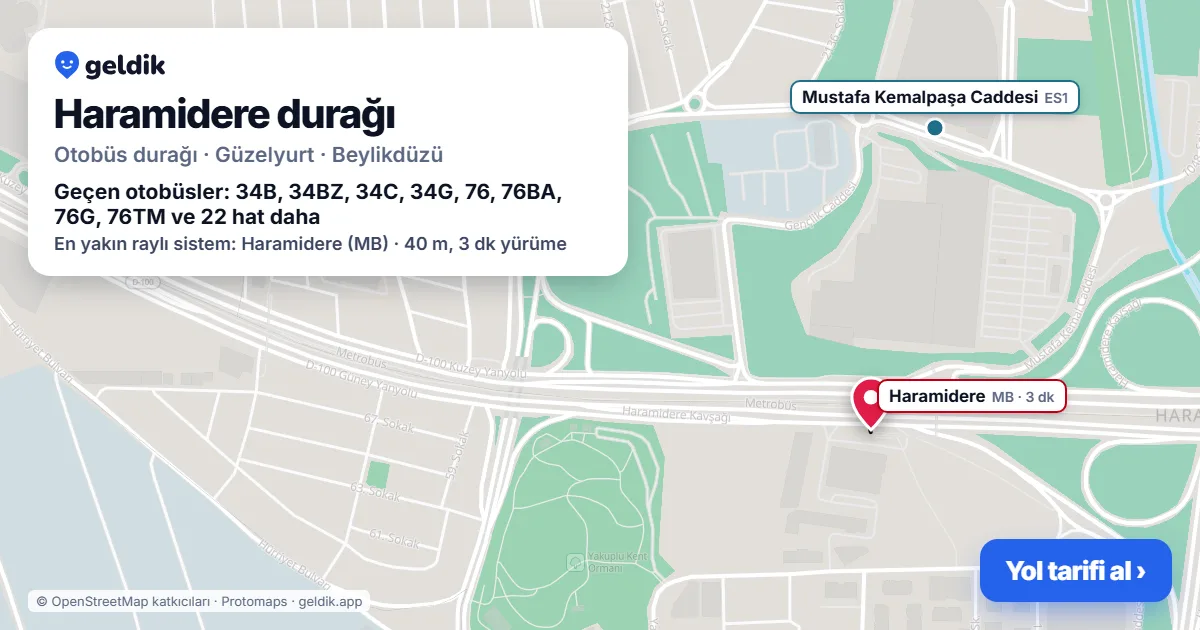 Haramidere otobüs durağı haritada: konumu ve yakındaki duraklar
