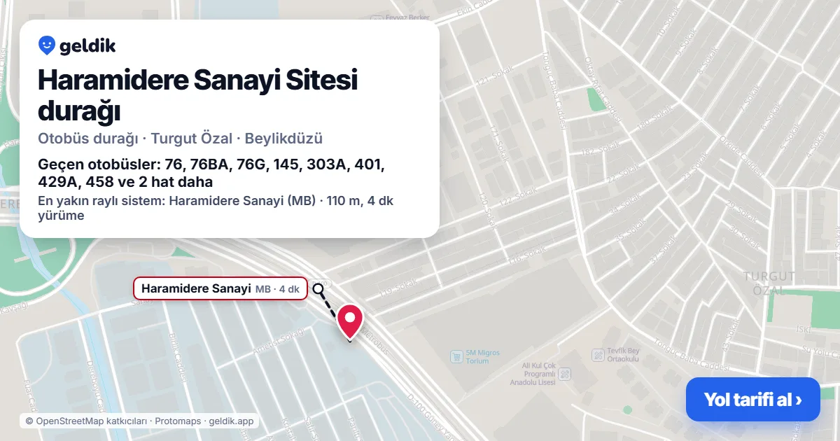 Haramidere Sanayi Sitesi otobüs durağı haritada: konumu ve yakındaki duraklar