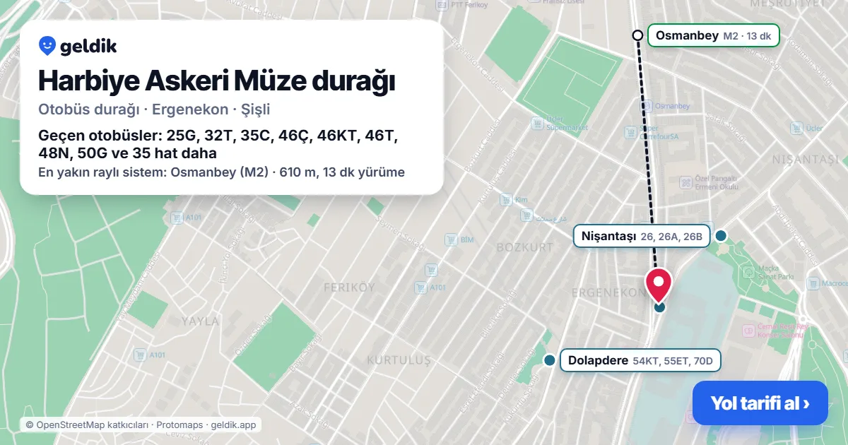 Harbiye Askeri Müze otobüs durağı haritada: konumu ve yakındaki duraklar
