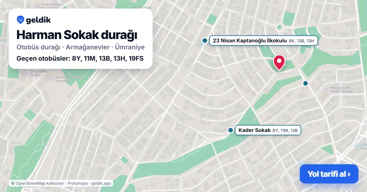 Harman Sokak otobüs durağı haritada: konumu ve yakındaki duraklar